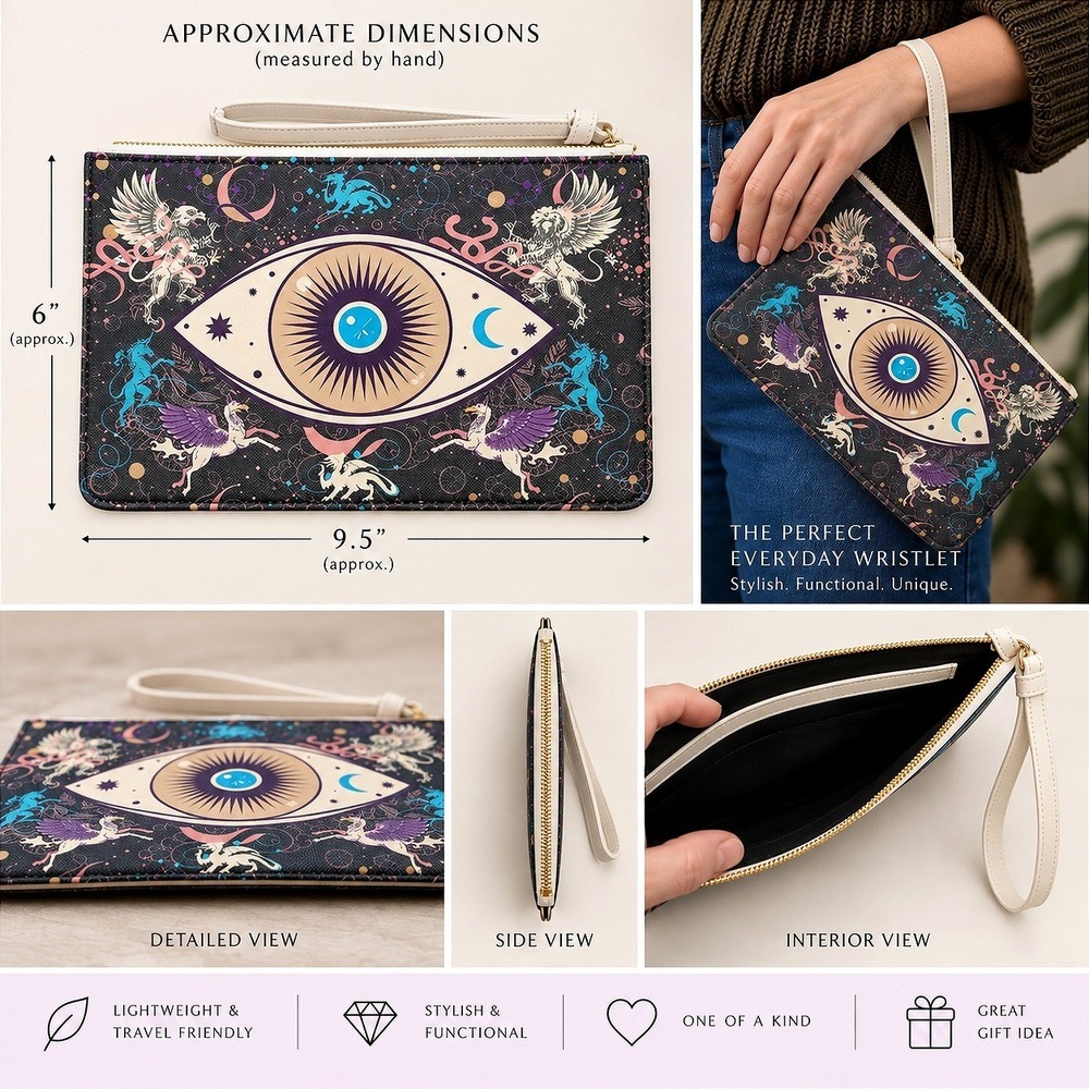 Artist Designed Evil Eye Mythical Creature Wristlet Clutch Black NEW OOAK